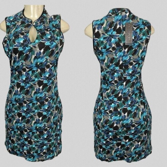 MaxSport M Teal-Blue Floral Keyhole Button Neckline Sleeveless Mini Sports Dress - Picture 1 of 6